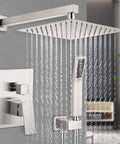 Brushed Nickel Shower Faucet Set With Easy Install Sleek Dual Handle Bath Shower Kit, rain showerhead and handheld sprayer view