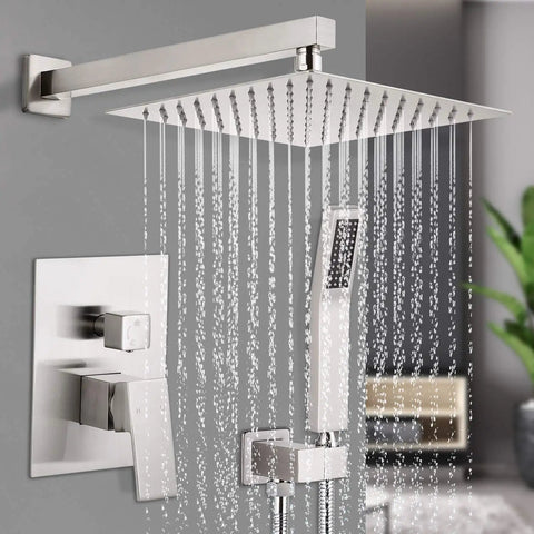 Brushed Nickel Shower Faucet Set With Easy Install Sleek Dual Handle Bath Shower Kit, rain showerhead and handheld sprayer view