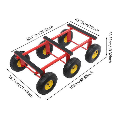 All Terrain Dolly 1200 Lbs Six Wheel Platform Cart With Pneumatic Tires Red For Heavy Loads Moving Furniture Equipment Outdoors Indoors Workhorse Steel Frame, 35.5x21.9in