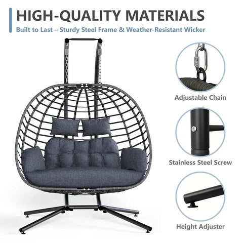 Two Person Outdoor Double Egg Swing Chair With Stand For Patio Or Garden Weather Resistant Hanging Hammock With Cushions