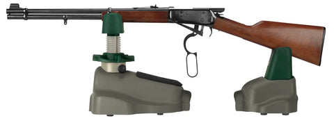 Steady Rest NXT Adjustable Ambidextrous Rifle Rest holding rifle, showing front and rear soft cradles and neoprene hand support.