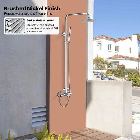 Outdoor Shower Fixture Set In Brushed Nickel With 8 Inch Rainfall Head, 2 In 1 Handheld Spray, Wall Mount Adjustable Slide Bar