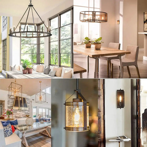 Collage of chandeliers and lamps using B11 Candelabra Base Warm White 2700K Light Bulbs, Must Have Soft Glow, 12 Pack, in living spaces