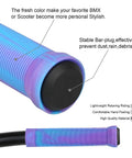 Dope 145mm Soft TPR Scooter Grips With Mixed Color Handlebar Design showing close-up of purple/blue texture and bar end plug