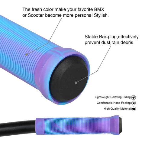 Dope 145mm Soft TPR Scooter Grips With Mixed Color Handlebar Design showing close-up of purple/blue texture and bar end plug