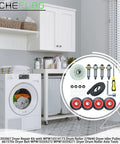 Master Grade Dryer Repair Kit Compatible With Whirlpool And Kenmore Featuring Solid Drum Rollers Idler Pulleys And Heavy Duty Drive Belt Zero Sweat Diy Setup in a laundry room setting.