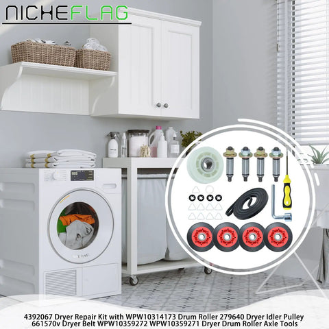 Master Grade Dryer Repair Kit Compatible With Whirlpool And Kenmore Featuring Solid Drum Rollers Idler Pulleys And Heavy Duty Drive Belt Zero Sweat Diy Setup in a laundry room setting.