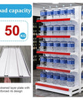 Top Shelf Double Sided Gondola Shelving Display Featuring Adjustable Four Tier Store Shelves For Retail Grocery And Liquor Center Island Premium Steel Commercial Rack Straight Up Built Solid Heavy Lifter Setup with water bottles.