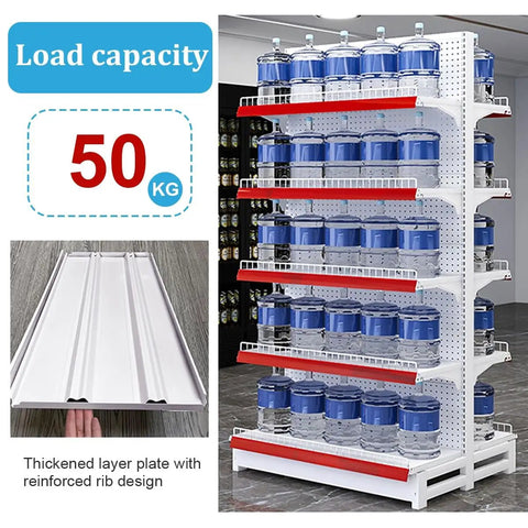 Top Shelf Double Sided Gondola Shelving Display Featuring Adjustable Four Tier Store Shelves For Retail Grocery And Liquor Center Island Premium Steel Commercial Rack Straight Up Built Solid Heavy Lifter Setup with water bottles.