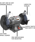 Badass 10 Inch Industrial Bench Grinder Featuring A Hella Powerful Motor Spinning At 1800 RPM For Metal Work And Polishing with 36 and 60 grit wheels.
