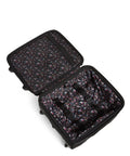 Open interior of Underseat Rolling Work Bag With USB Charging Port, floral lining, visible straps, and durable softside tote on wheels