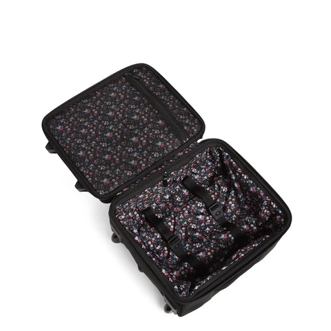 Open interior of Underseat Rolling Work Bag With USB Charging Port, floral lining, visible straps, and durable softside tote on wheels
