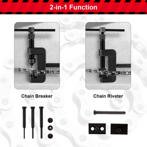 Beast Pro Grade 13 Piece Motorcycle Chain Breaker Tool Kit with Rivet Tool Set showing chain breaker and riveter in use