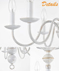 Close-up details of French Country Chandelier 6 Light Modern Farmhouse Vibe For Dining Room And Kitchen, Rustic White Metal Candle Style