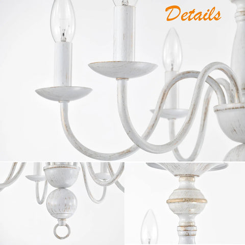 Close-up details of French Country Chandelier 6 Light Modern Farmhouse Vibe For Dining Room And Kitchen, Rustic White Metal Candle Style