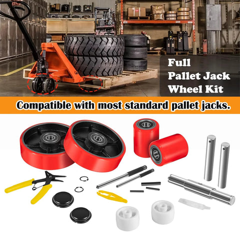 Complete Pallet Jack Wheel Replacement Kit with dual 7x2 steering wheels, dual 3x3.75 front load rollers, and install tool kit for DIY swap.