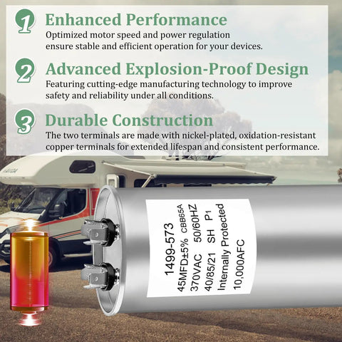 RV Air Conditioner Run Capacitor 45 MFD 370V AC Replacement For Coleman Mach Fan Motors showing explosion-proof design