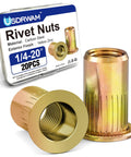 1/4-20 Rivet Nuts Zinc Plated Carbon Steel Threaded Insert Rivnut Flat Head UNC 20 Pieces shown with packaging