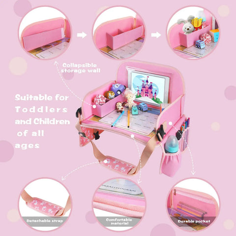 Kids Travel Tray for Car Seat with Ipad Holder and Dry Erase Board Toddler Lap Desk featuring pink storage and activity areas.