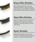 Six Piece Rust Busting Brushes Set For Metal Cleaning And Surface Prep showing brass, steel, and nylon brushes with descriptions.