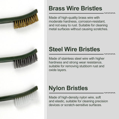 Six Piece Rust Busting Brushes Set For Metal Cleaning And Surface Prep showing brass, steel, and nylon brushes with descriptions.