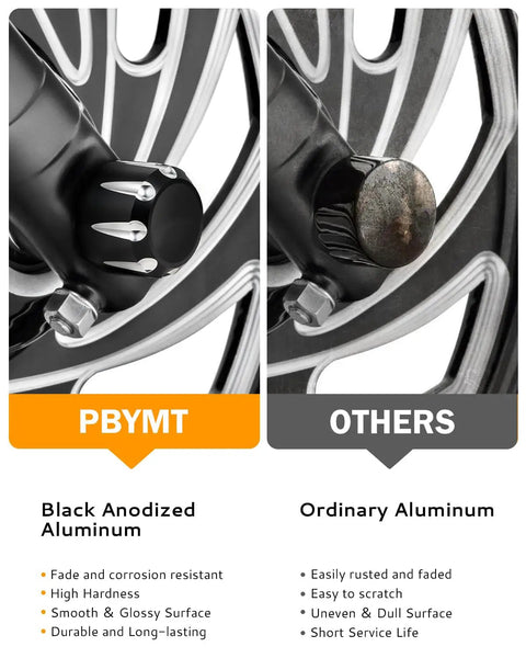 Comparison of Black Front Axle Nut Cover Cap CNC Aluminum for Harley, showing anodized vs ordinary aluminum finish on a motorcycle rim.