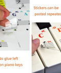 Close-up of hands applying Bold Large Letter Piano Keyboard Stickers For All Key Sizes 88 61 54 49 37 Removable Note Labels.