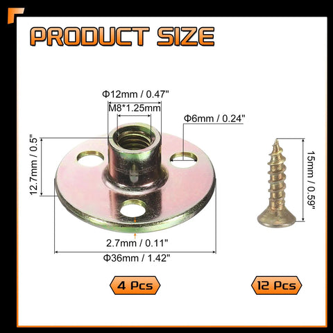 Four Pack M8 Thread Tee Nuts Crafted From Heavy Duty Zinc Plated Steel Hella Sturdy Round Hole Inserts Featuring Matching Screws For Woodworking Projects That Are Dead Simple To Install. Dimensions shown for proper installation.