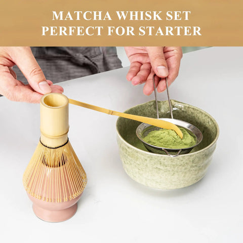 Pink Matcha Whisk Set with Chasen Holder, Ceramic Stand, Bamboo Scoop, and Fine Mesh Sifter in use on table.