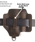 Back view of Leather EDC Multitool Sheath Belt Organizer with extra belt loop, shown on a black belt, dark brown color.