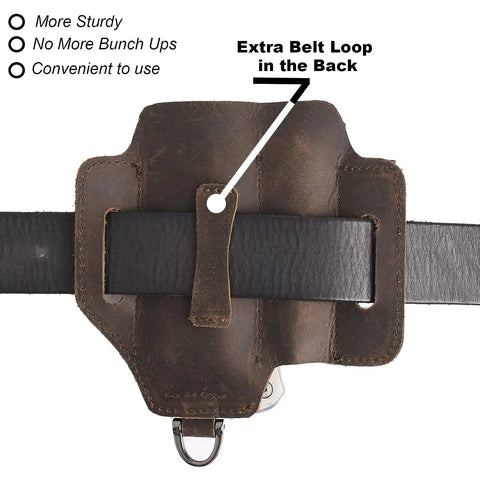 Back view of Leather EDC Multitool Sheath Belt Organizer with extra belt loop, shown on a black belt, dark brown color.