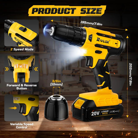 20V Cordless Drill Set With 2.0Ah Batteries, Pure Copper Motor, 30Nm Torque, LED light, home DIY drilling and driving screws