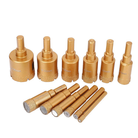 Ultimate 12 Piece Diamond Drill Bit Set For Ceramic Granite Marble Glass Brick Dry Wet Use With 40 Grit And High Speed Steel Core For Precision Hole Sawing From Size 6 Mm To 35 Mm Made to Crush Any Tough Material, 35mm to 18mm bits displayed