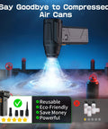 Electric Air Duster With Flashlight And Display, 180000 RPM High Speed Blower demonstrated with nozzles and air can comparison