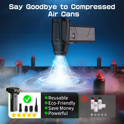 Electric Air Duster With Flashlight And Display, 180000 RPM High Speed Blower demonstrated with nozzles and air can comparison