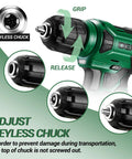 Smooth As Hell 8V Cordless Drill Set With One Hand Keyless Chuck And 42 Piece Accessory Kit Built In Bright Led Work Light Type C Fast Charge Cable showing adjustable keyless chuck and grip.