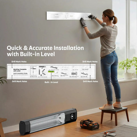 Installation of 34 Inch 1500W Infrared Patio Heater With Motion Sensor IPX5 Waterproof 9 Heat Levels And 9H Timer Wall Mounted