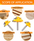 Built Tough 45 Degree Lock Miter Router Bit Set Three Piece Kit for wood types including pine, MDF, and particleboard.