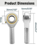 Two Pack POS10 Rod End Bearings With Jam Nuts 10mm Bore M10x1.5 Right Hand Thread Pre Lubricated Joint For Hydraulic Cylinders CNC Equipment And Machinery, Handles 13 Degree Angular Misalignment With Ease, Heavy Duty Precision. dimensions view, 10mm bore, M10x1.5 RH thread