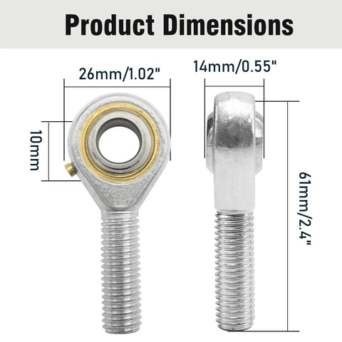 Two Pack POS10 Rod End Bearings With Jam Nuts 10mm Bore M10x1.5 Right Hand Thread Pre Lubricated Joint For Hydraulic Cylinders CNC Equipment And Machinery, Handles 13 Degree Angular Misalignment With Ease, Heavy Duty Precision. dimensions view, 10mm bore, M10x1.5 RH thread
