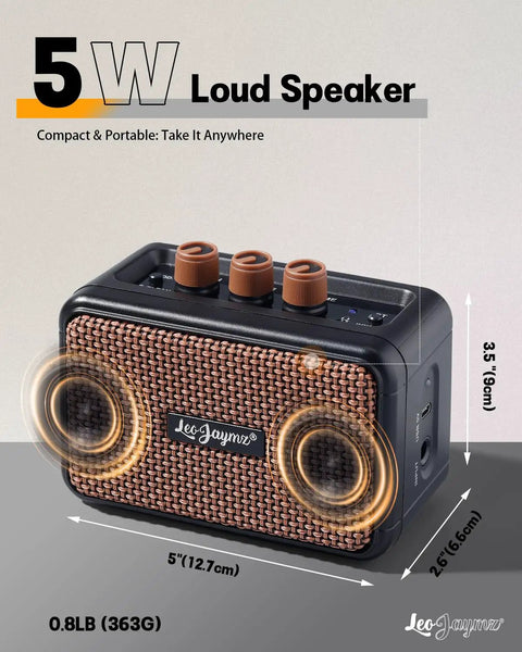 Ultra Portable 5W Dual Speaker Bluetooth Guitar Amplifier with dimensions and design features shown.