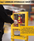 Person using Heavy-Duty 6-Ton H-Frame Hydraulic Shop Press For Home Garage Use Pro-Grade Benchtop And Floor Model 1300 Lb Capacity