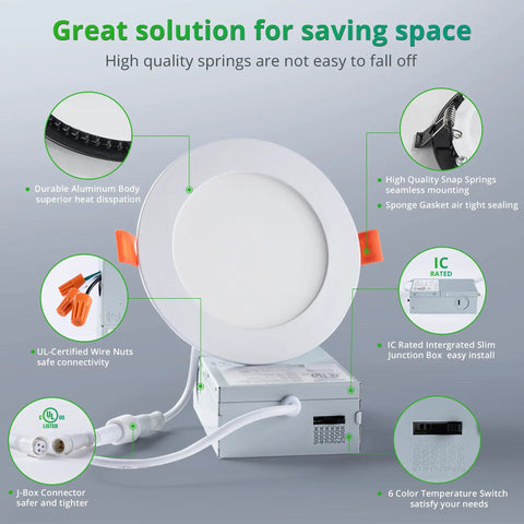 16 Pack 4 Inch Recessed LED Can Lights With 6 CCT Adjustable 2500K To 5000K, 750LM Bright, 9W Equivalent, junction box detail