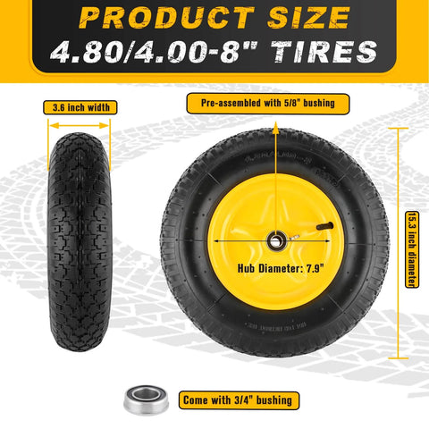 Beefy 16 Inch Pneumatic Wheelbarrow Tire And Wheel Set With 4.80/4.00-8 Size And 5/8 And 3/4 Inch Bearings