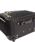 Under The Seat Carry-On Luggage With Push Button Trolley Handle And In Line Skate Wheels, black with gold accents, close-up view