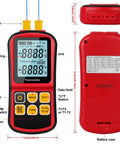 Dual Channel Digital Thermometer With Two K Type Thermocouple Probes Backlit LCD Display showing measurements labeled parts