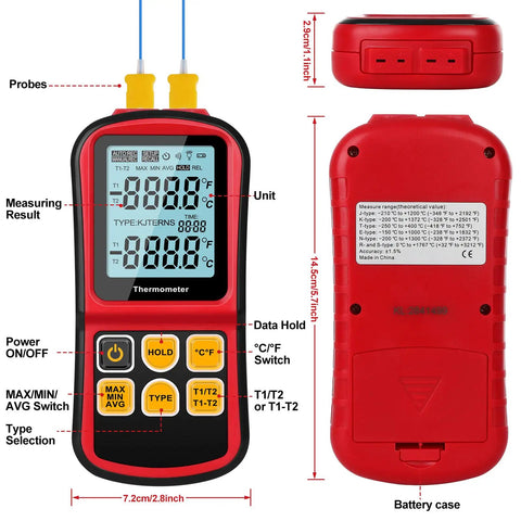 Dual Channel Digital Thermometer With Two K Type Thermocouple Probes Backlit LCD Display showing measurements labeled parts