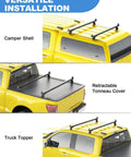 Beefy Heavy Duty Roof Ladder Rack For Vans And Pickup Trucks Universal Aluminum Carrier With 500 Lb Capacity Adjustable 23 To 57 Inch Span Rust Resistant Anodized Finish Easy Install Cap mounted on camper shell and truck topper