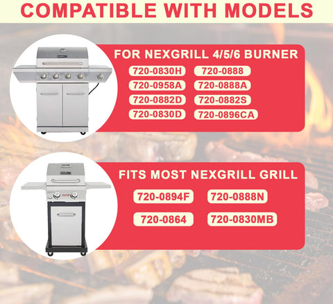 Six Outlet Tact Push Button Igniter Kit For Four Five And Six Burner Grills Replacement Parts chart showing compatibility with Nexgrill models.