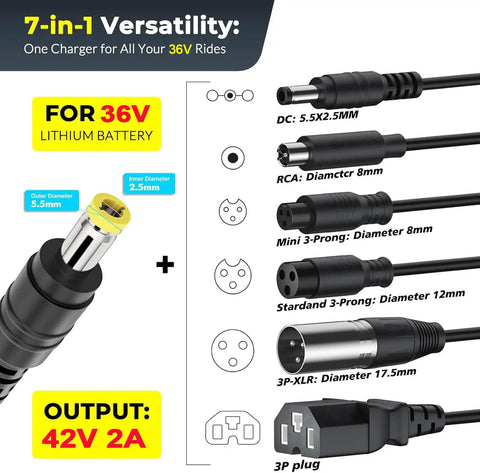 Image showing 36V Li Ion Battery Charger 42V 2A with 7 connectors for 36V batteries, compatible with electric scooters and e-bikes.